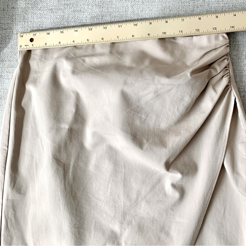 🌞 ZARA Khaki Cotton Midi Skirt with Side Ruching XS - Picture 7 of 10